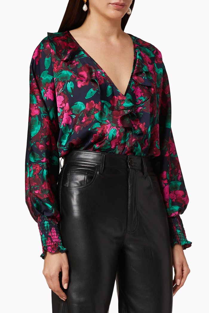 Talah Floral Satin Bodysuit, Black