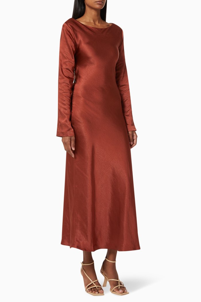 

Tie Back Maxi Dress in Satin, Brown