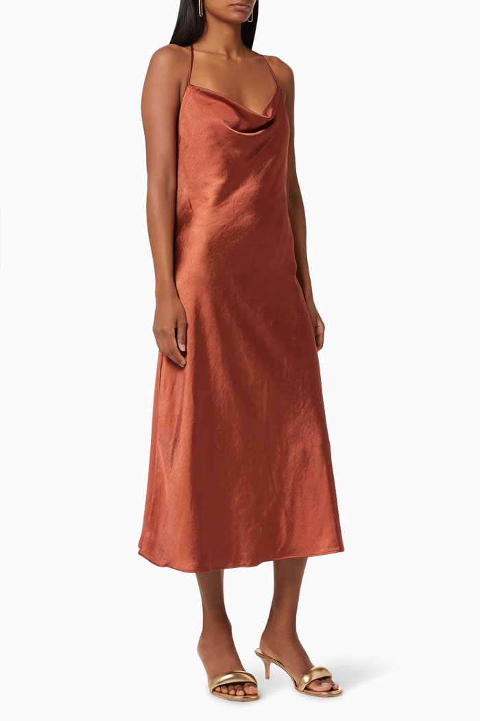

Cross-back Cowl Slip Dress in Satin, Brown