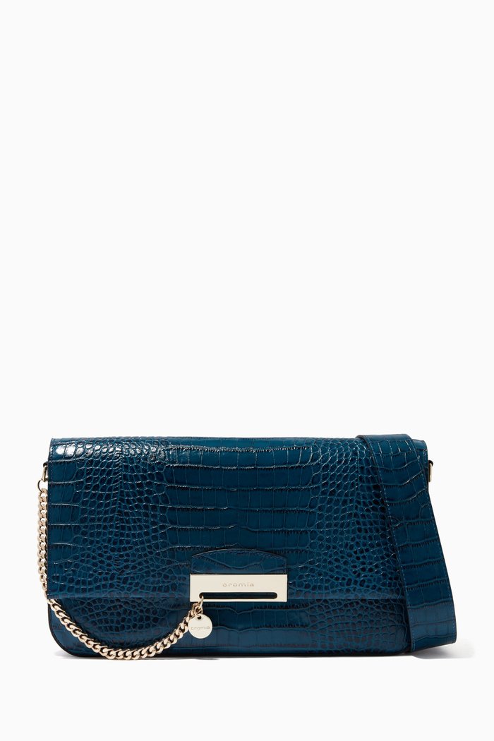 

Large Be Strong Baguette Bag in Croc-Embossed Leather, Blue