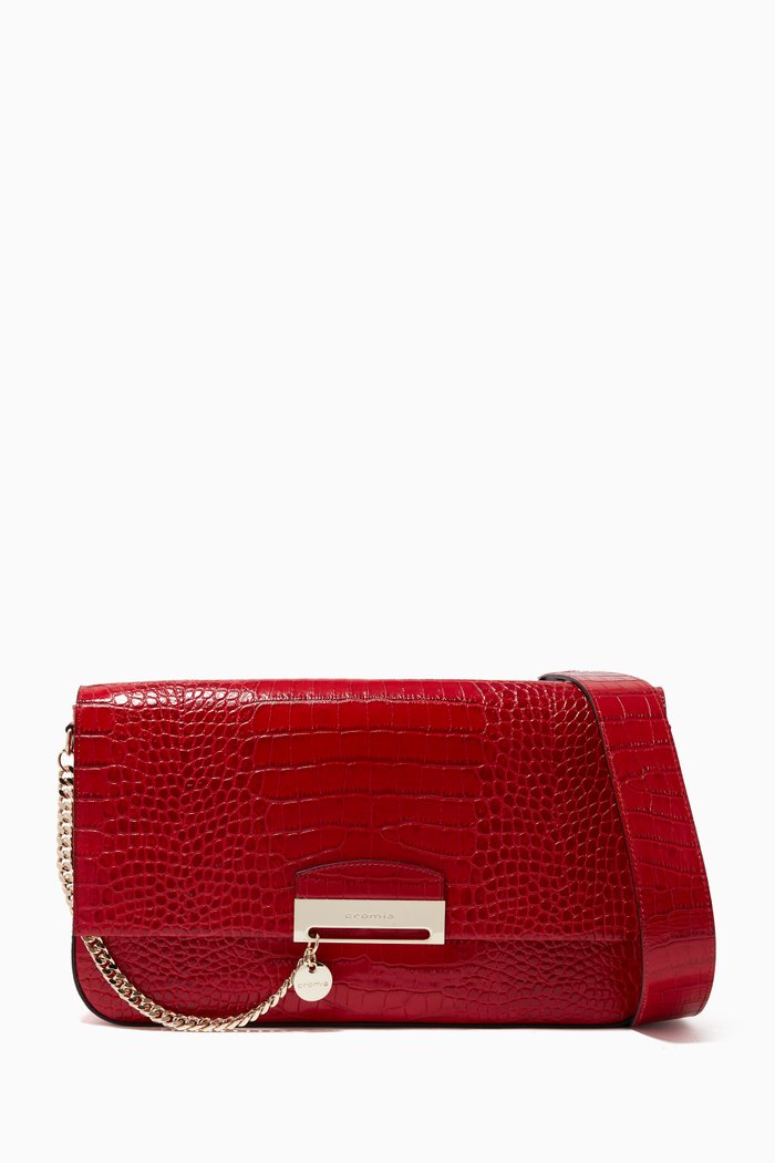 

Large Be Strong Baguette Bag in Croc-Embossed Leather, Red