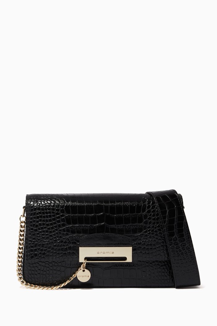

Small Be Strong Baguette Bag in Croc-Embossed Leather, Black