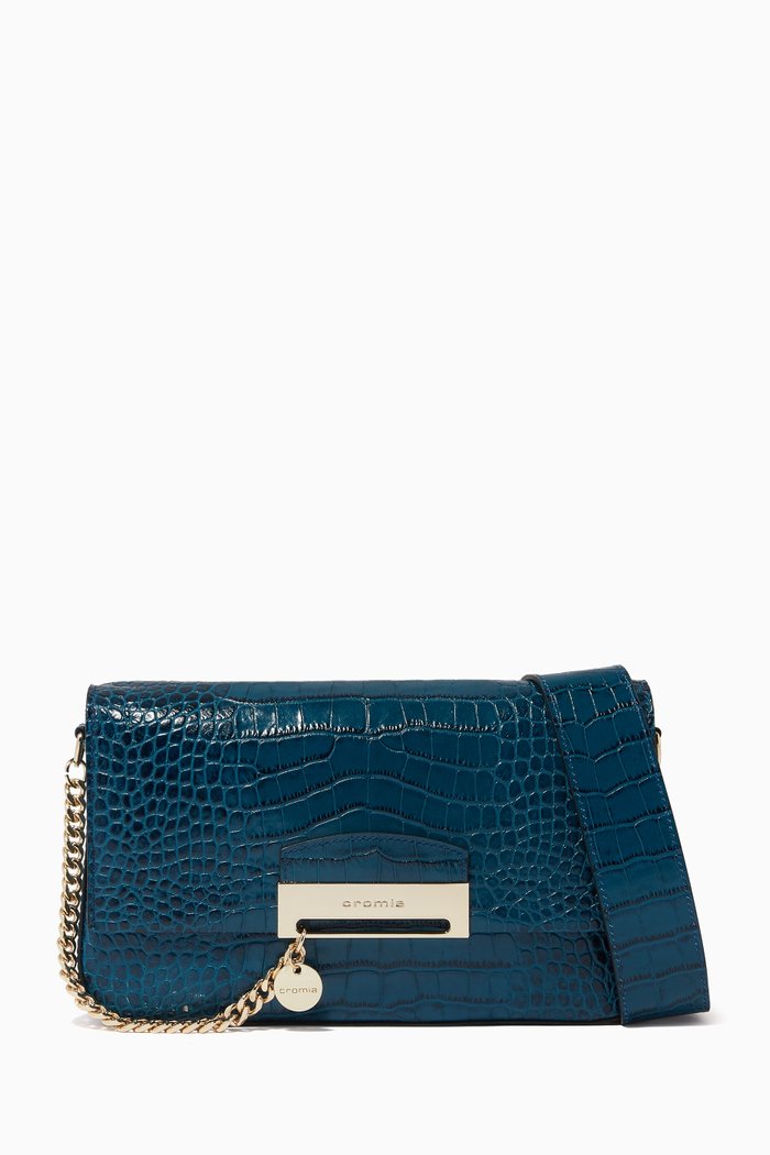 Small Be Strong Baguette Bag in Croc-Embossed Leather, Blue