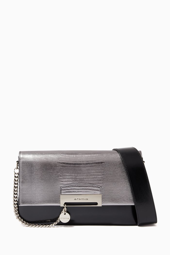 

Small Be Nice Baguette Bag in Lizard-Embossed Leather, Silver