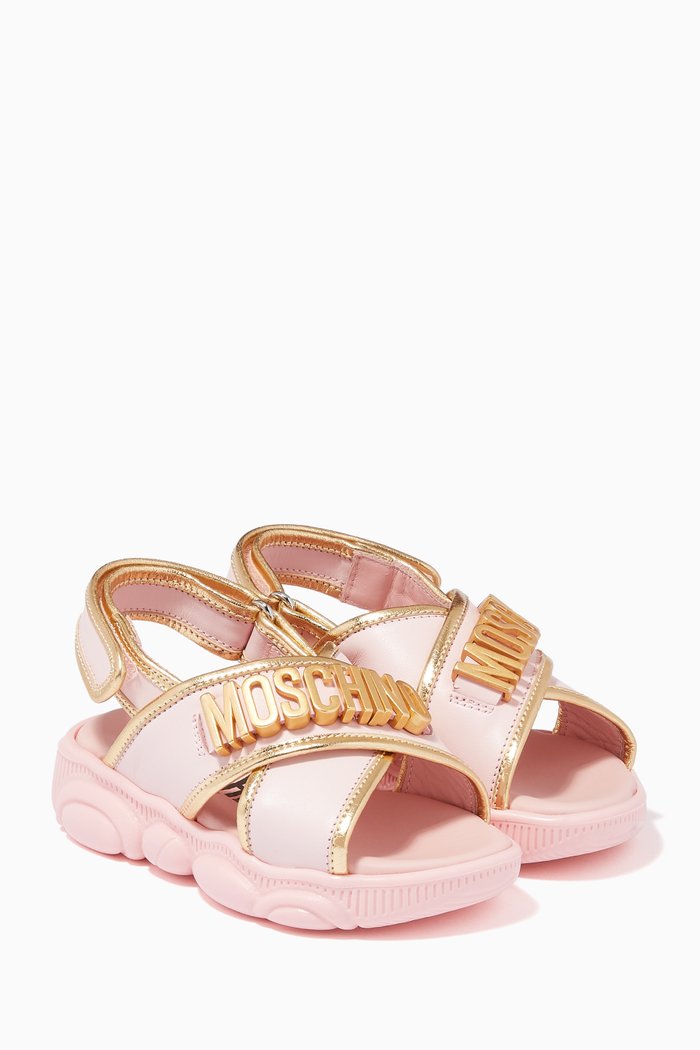 

Metal Logo Velcro Cross Sandals in Leather, Pink