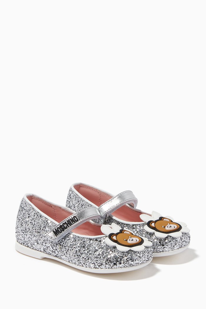 Teddy Bear Ballet Flats in Glitter, Silver