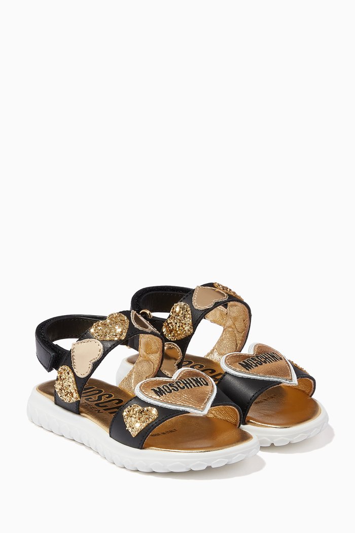 Logo Hearts Velcro Sandals in Leather, Black