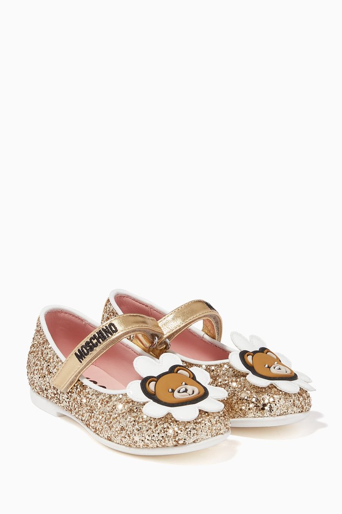 

Teddy Bear Velcro Ballerinas in Glittery Leather, Gold