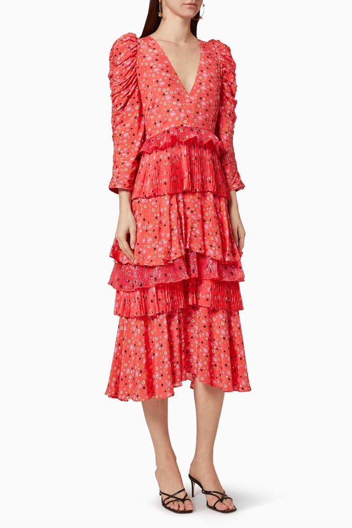

Alessandra Satin Tiered Dress, Red