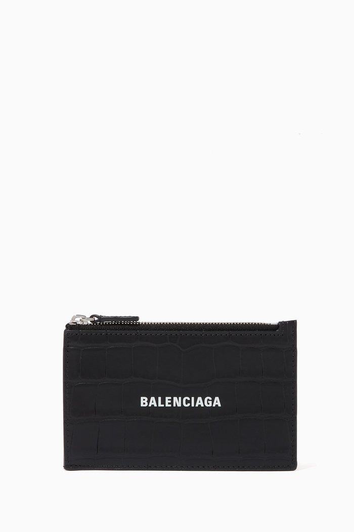 Cash Long Coin & Card Holder in Croc-Embossed Calfskin, Black