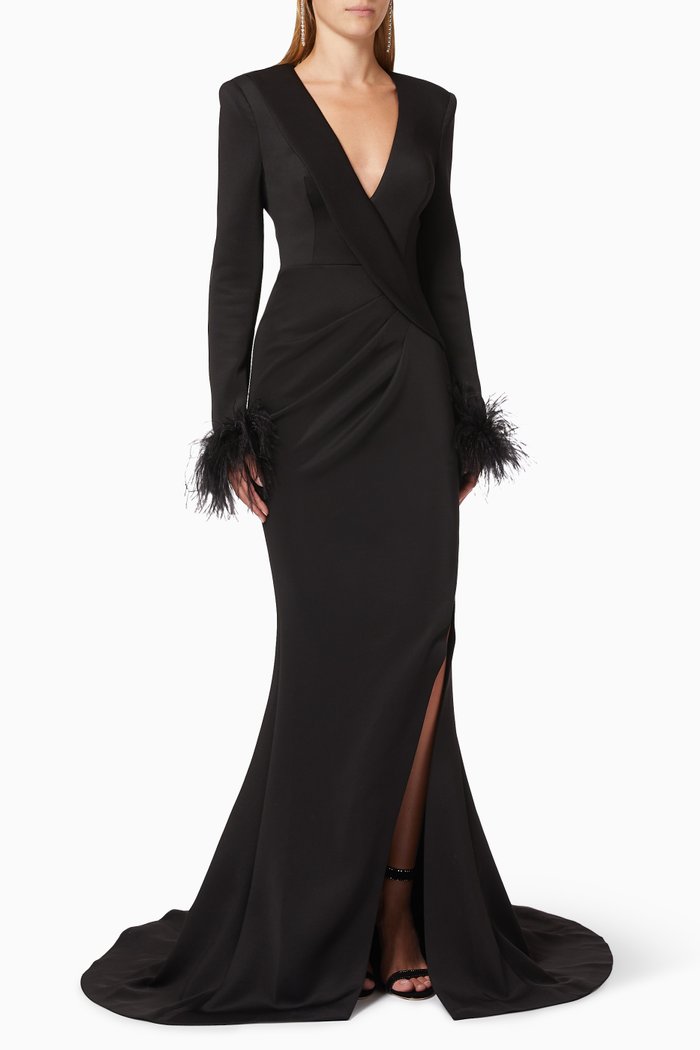 

Blazer Gown with Feather Trim, Black