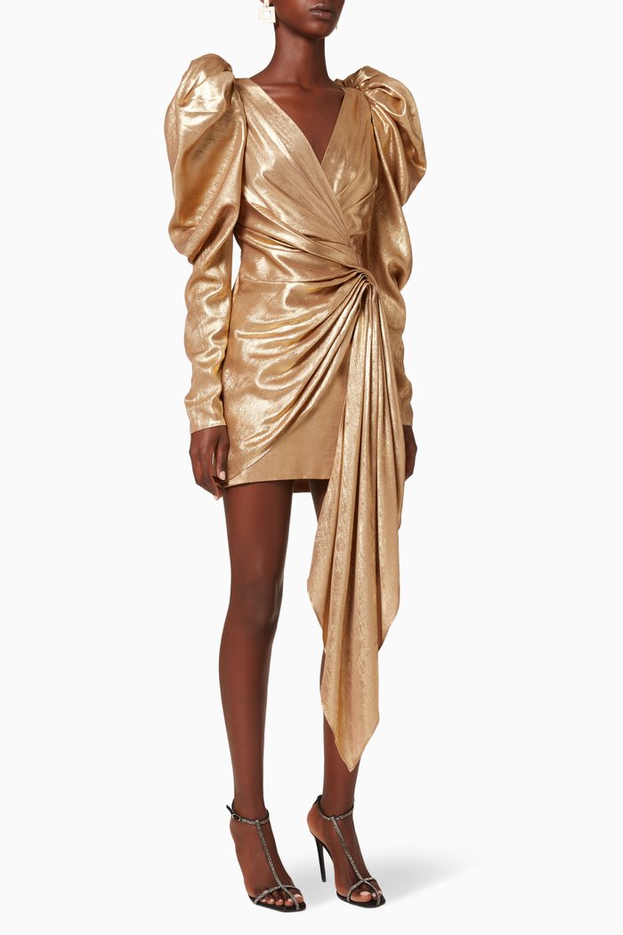 

Llewyn Metallic Wrap Dress, Gold
