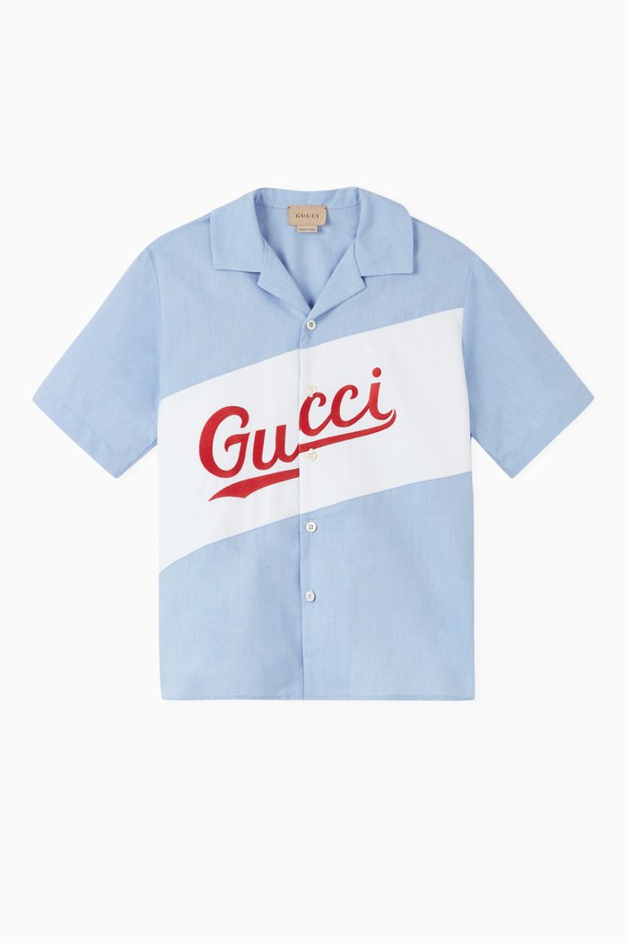 

Gucci Script Cotton Bowling Shirt, Blue