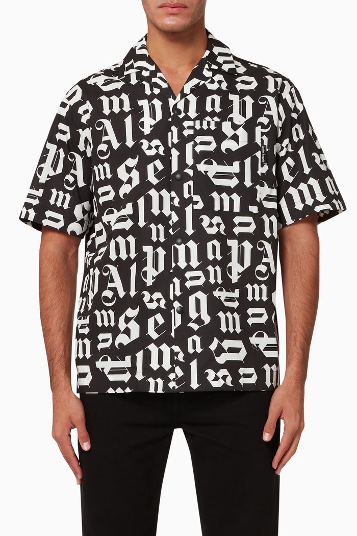 

Logo Monogram Cotton Bowling Shirt, Black