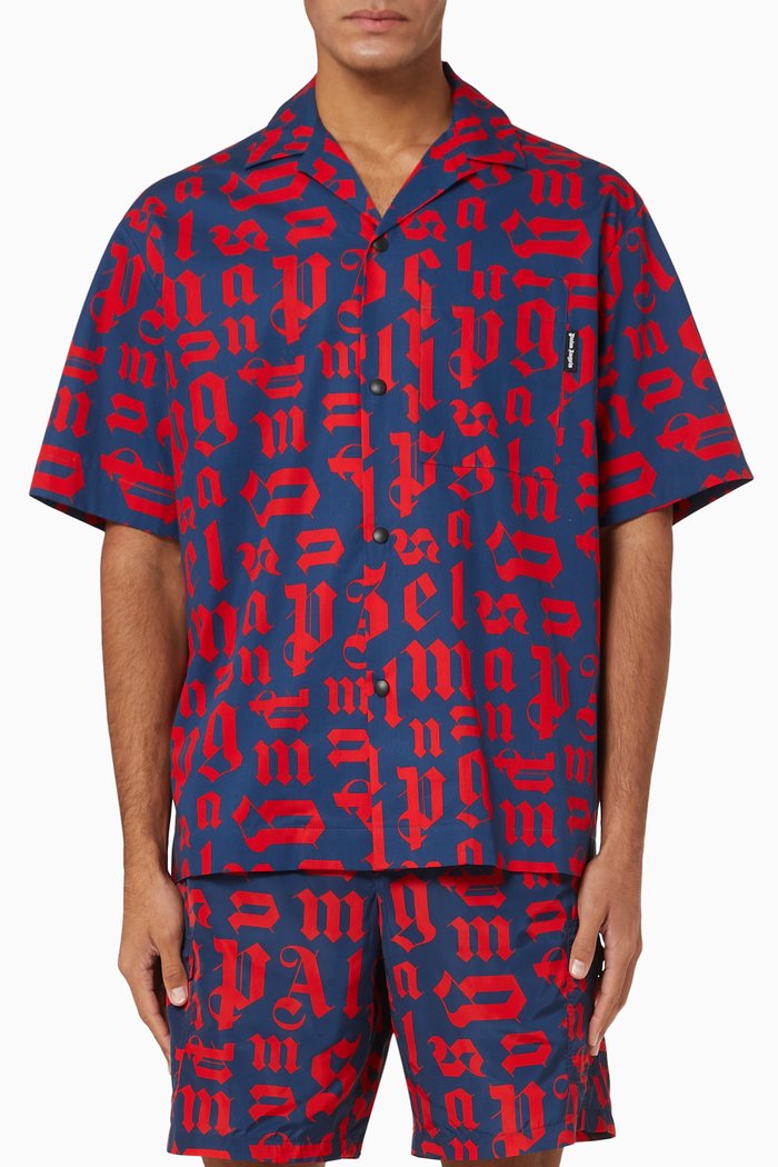 

Logo Monogram Cotton Bowling Shirt, Blue