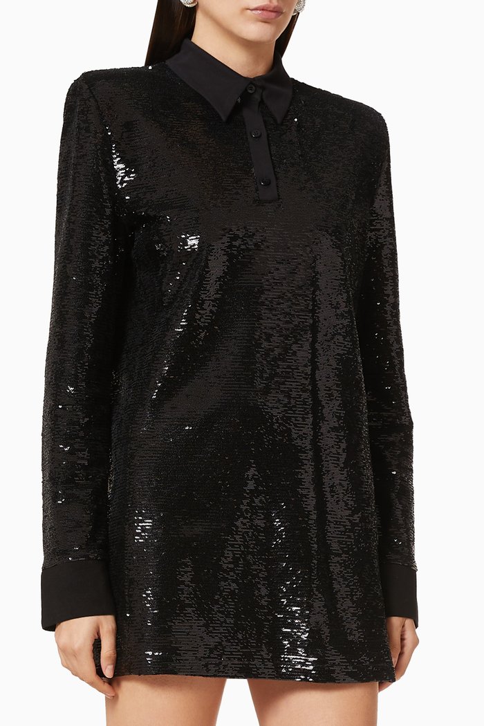 Sequin Embellished Polo Dress, Black