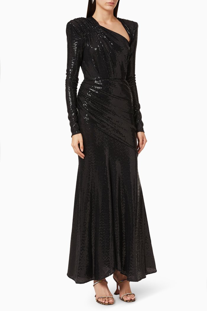 

Sequin Embellished Draped Gown, Black