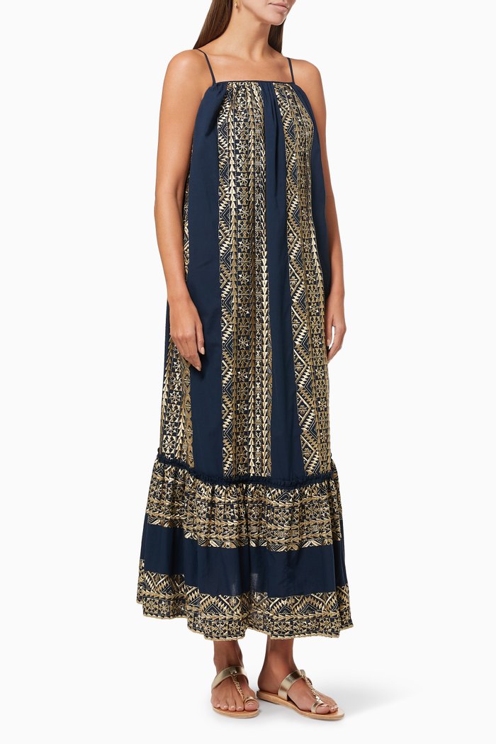 

Contrast Embroidered Dress in Cotton, Blue