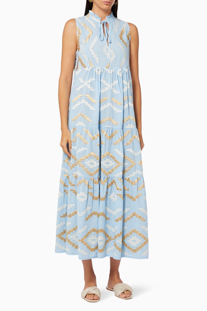 

Tiered Dress in Embroidered Cotton, Blue