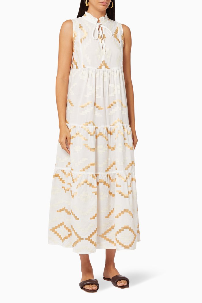 

Tiered Dress in Embroidered Cotton, White