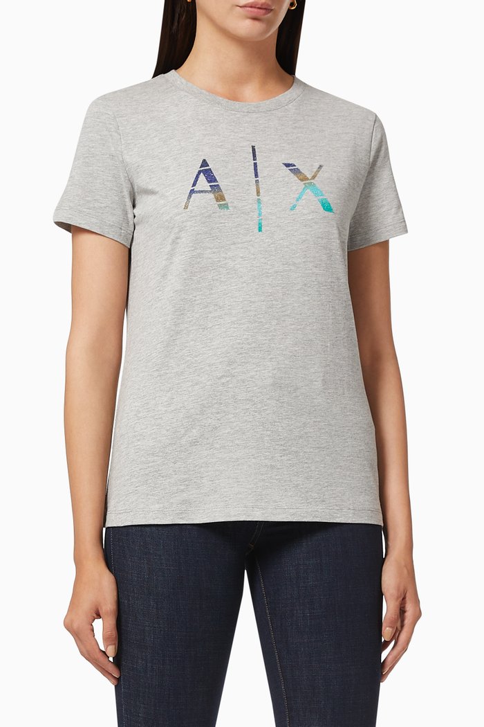 T-shirt with Glitter Logo in Cotton, Grey