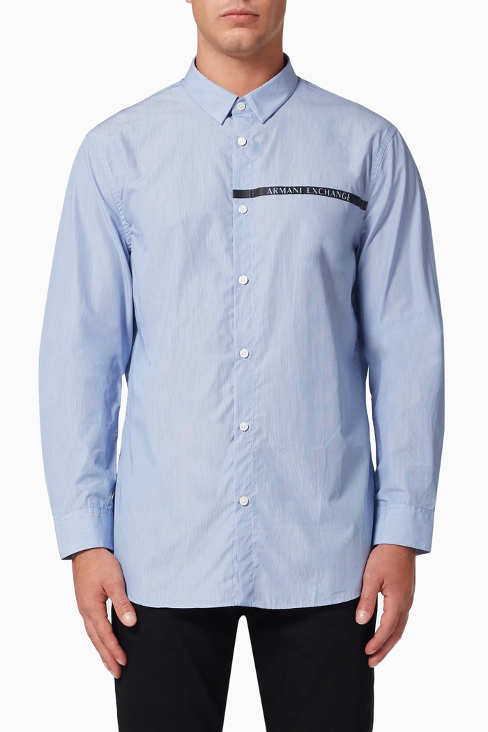 

Shirt with Tape Logo in Striped Cotton Poplin, Blue