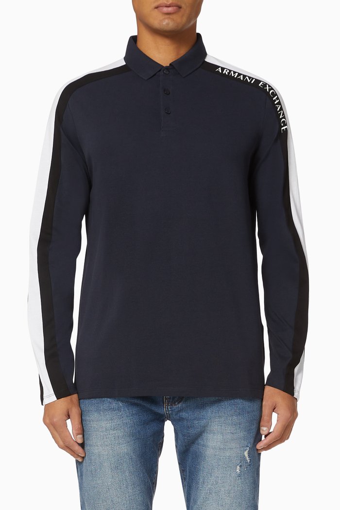 Logo Stripe Cotton Piqué Polo, Blue