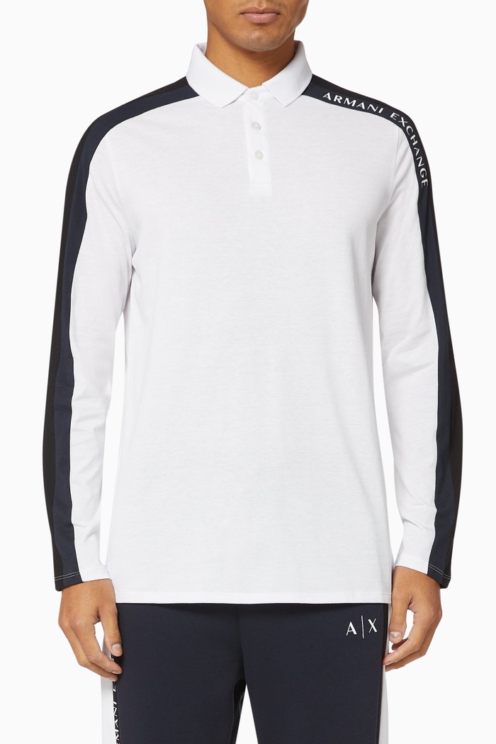 

Logo Stripe Cotton Piqué Polo, White
