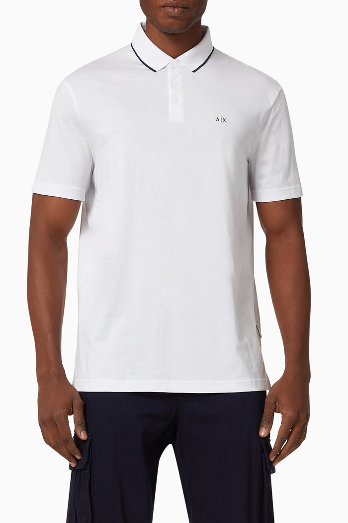 AX Contrast Stripe Cotton Polo Shirt, White