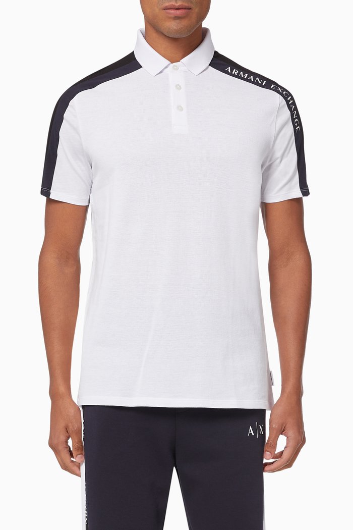 

Logo Stripe Cotton Piqué Polo, White