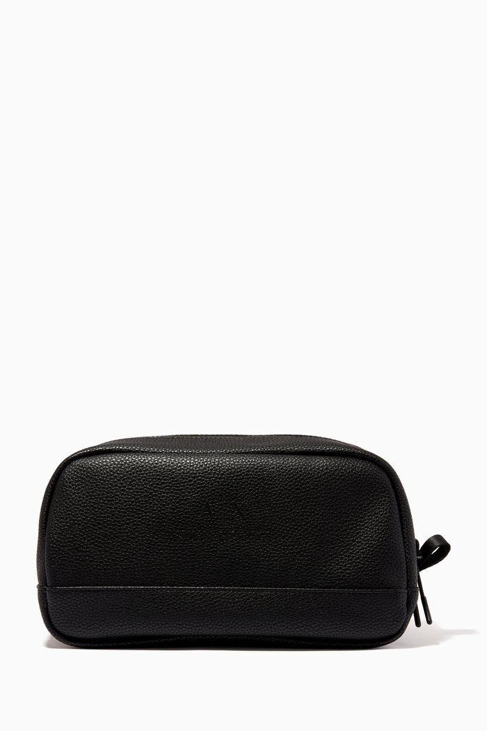 Logo Travel Pouch in Grain Faux Leather, Black