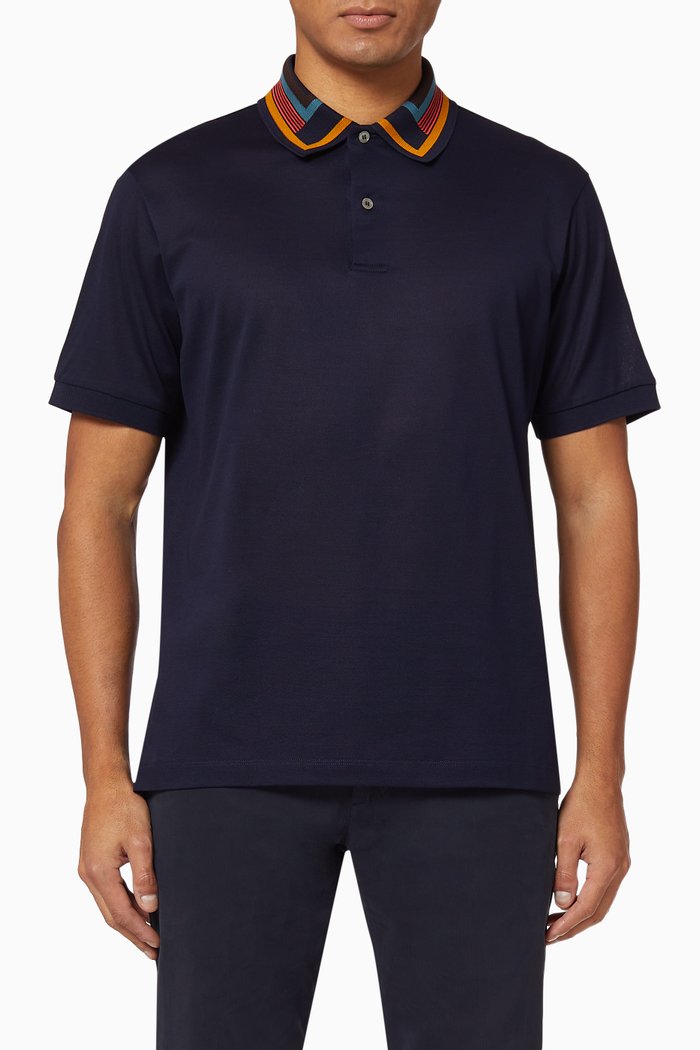 

Signature Collar Cotton-Piqué Polo Shirt, Blue