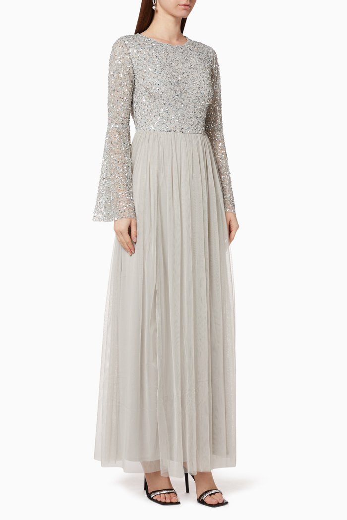 

Sequin Embellished Tulle Maxi Dress, Silver