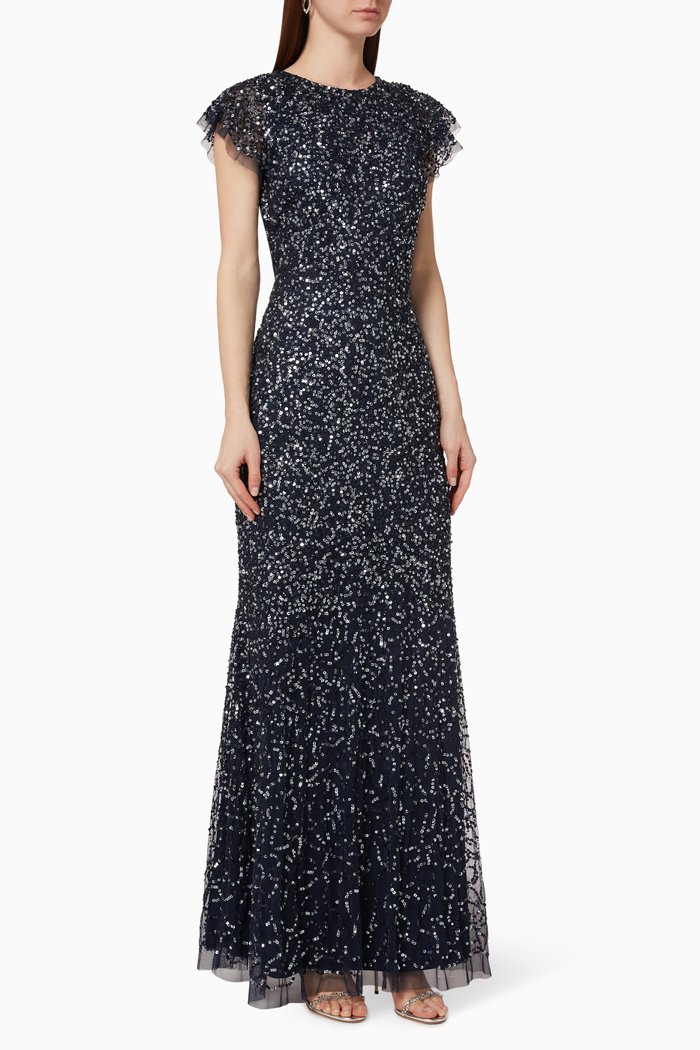 

Sequin Embellished Cap Sleeve Maxi Dress, Blue