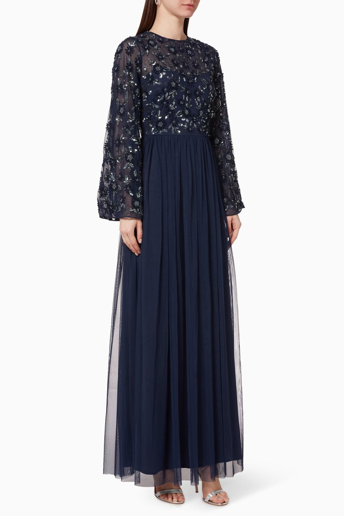 

Floral Embellished Tulle Maxi Dress, Blue