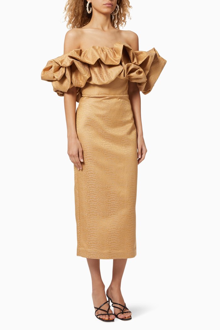 Fields Ruffled Dress, Gold
