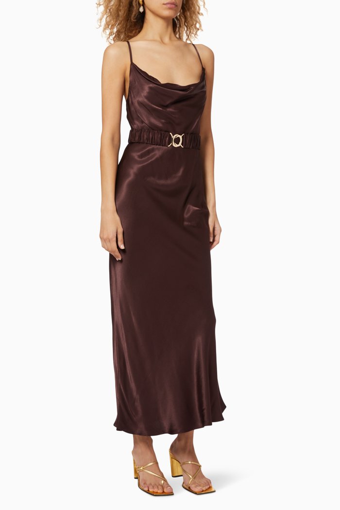 

Giselle Satin Viscose Dress with Belt, Brown