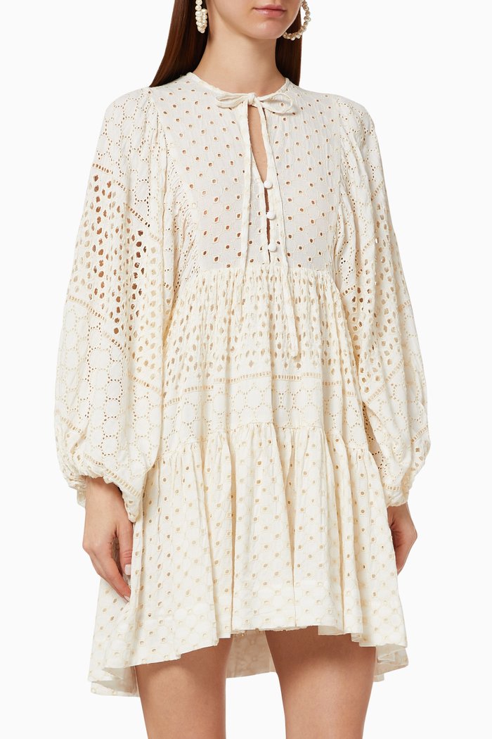 

Vivienne Balloon Sleeve Tiered Mini Dress, Neutral