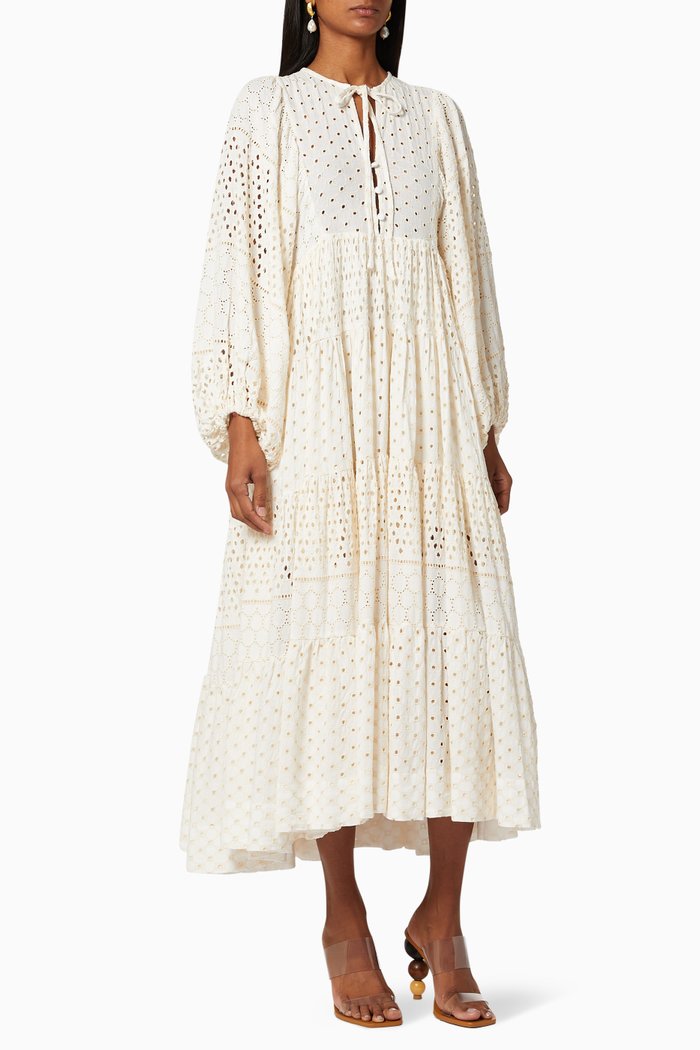 

Vivienne Balloon Sleeve Tiered Midi Dress, Neutral