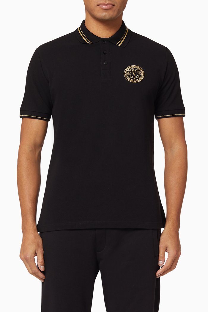 

V-Emblem Cotton Piqué Polo, Black