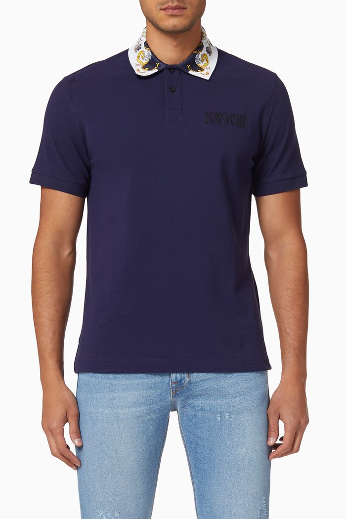 

Baroque Collar Print Polo Shirt, Blue