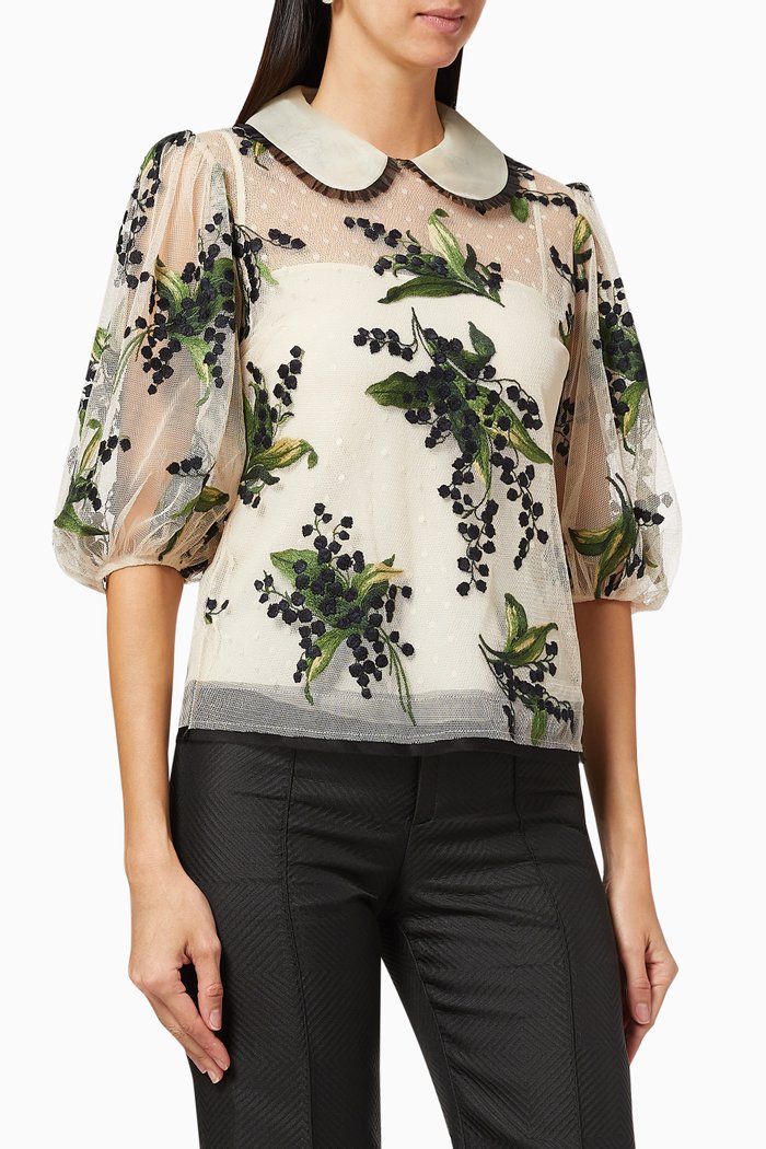 

May Lily Embroidered Point D'Esprit Tulle Top, White