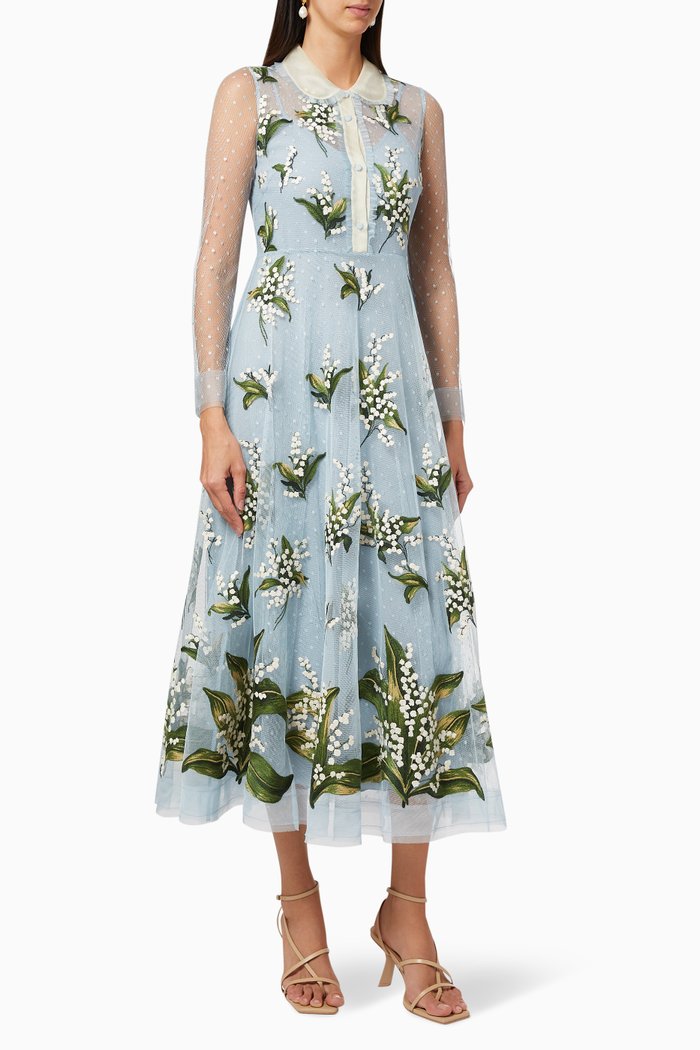 May Lily Embroidered Point D'Esprit Tulle Dress, Blue