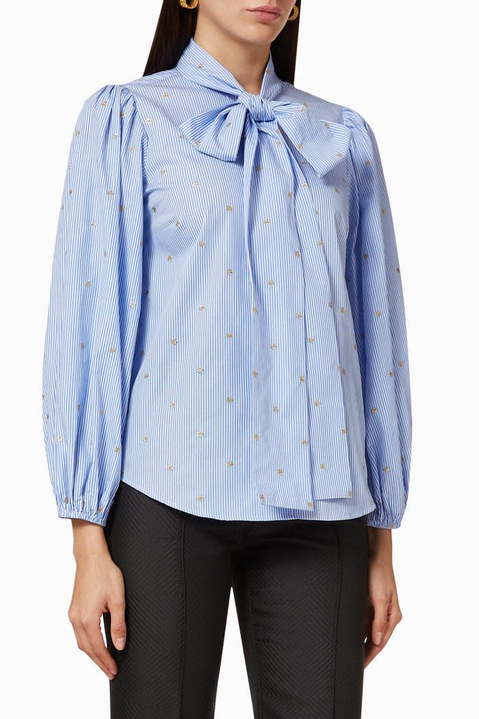 

Embroidered Striped Cotton Shirt, Blue