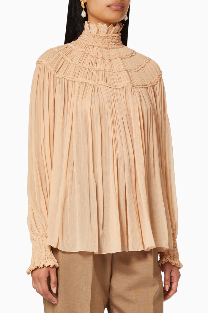 

High-Neck Smocked Silk Blouse, Pink