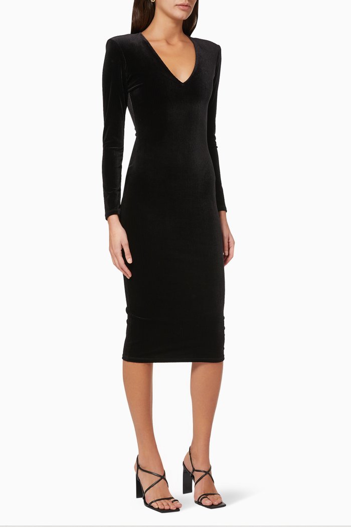 

Plunging Velvet Midi Dress, Black