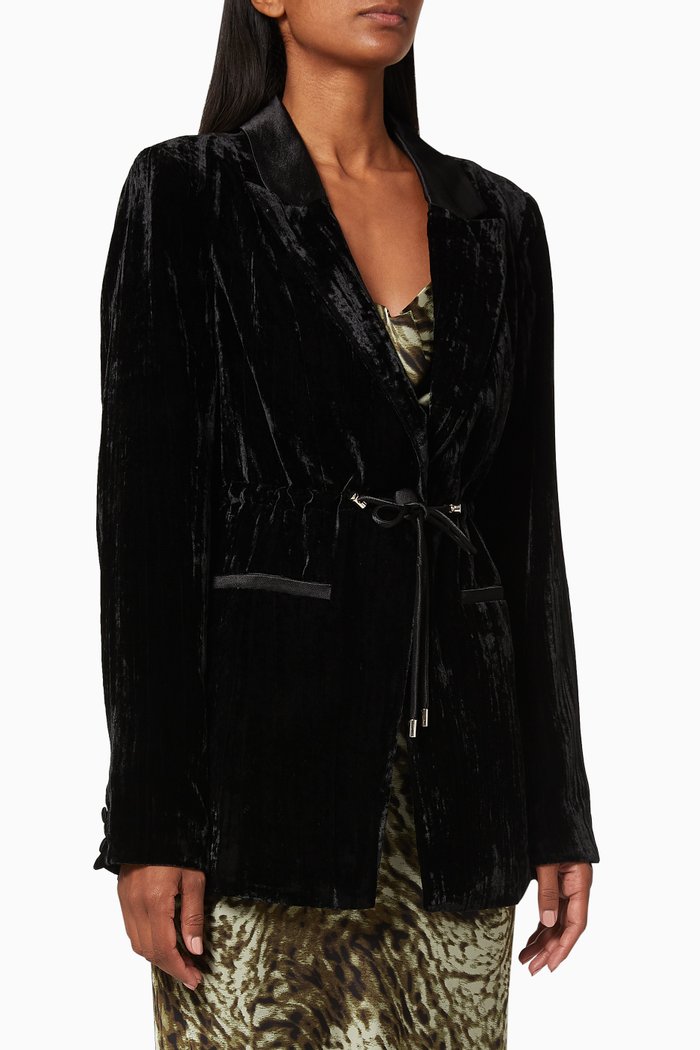 

Cinched Drawcord Waist Velvet Blazer, Black