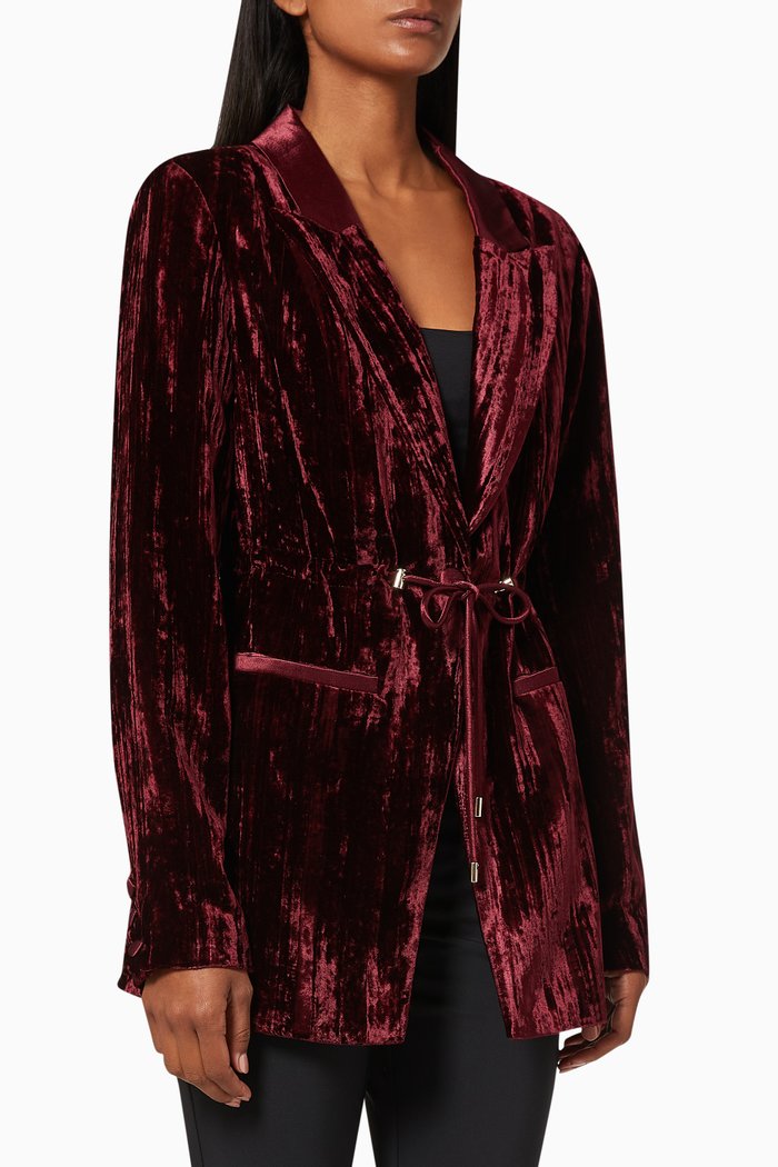 Cinched Drawcord Waist Velvet Blazer, Burgundy