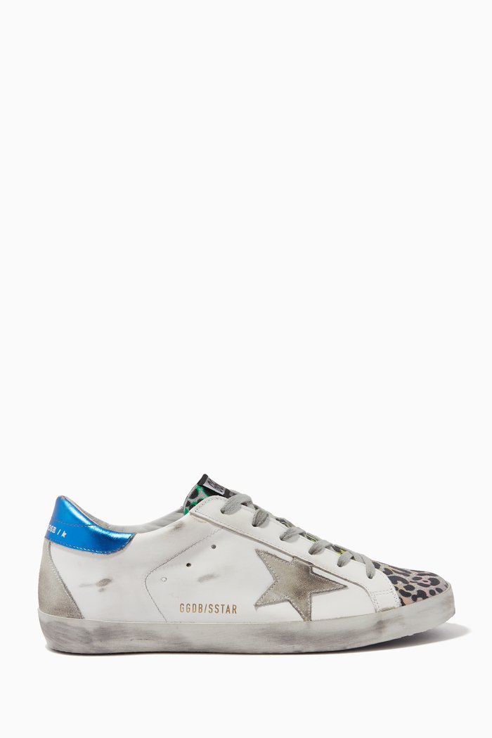 

Super-Star Sneakers with Suede Star & Leopard-Print Insert in Leather, White