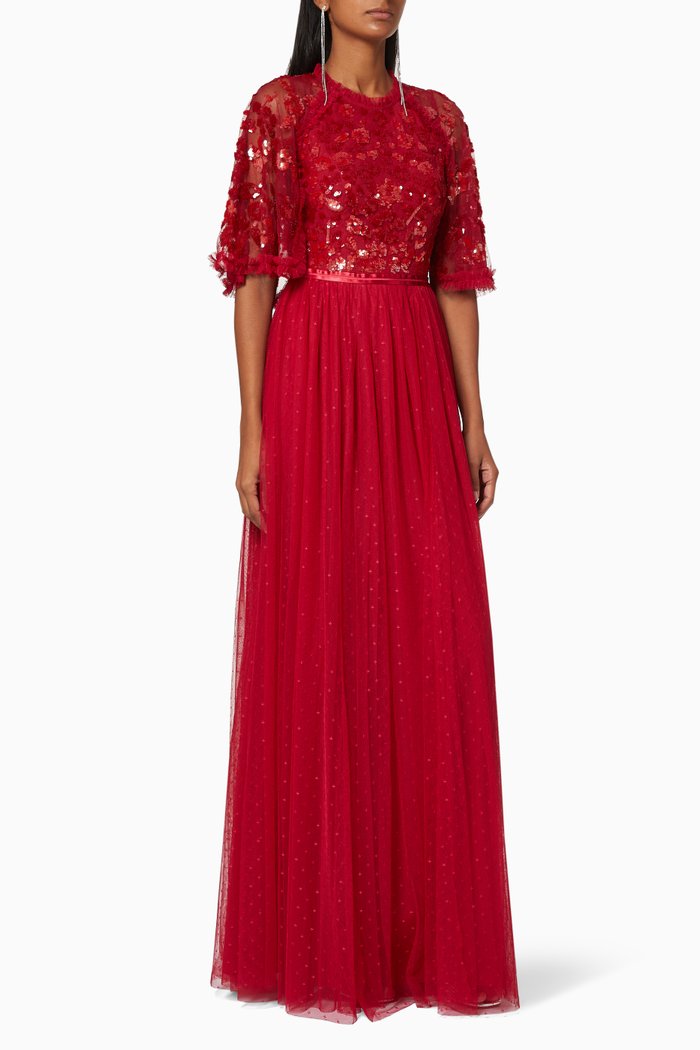 

Floral Embellished Cape Sleeves Maxi Dress, Red
